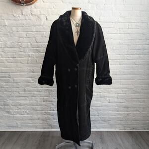 Vintage Black Suede Trench Coat Faux Fur Coat Minimalist Leather Jacket Large
